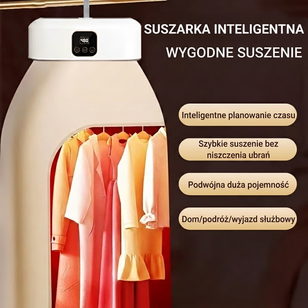 INTELIGENTNA  ELEKTRYCZNA SUSZARKA DO UBRAŃ Z TIMEREM - CICHA SUSZARKA SKŁADANA PRZENOŚNA DO DOMU.