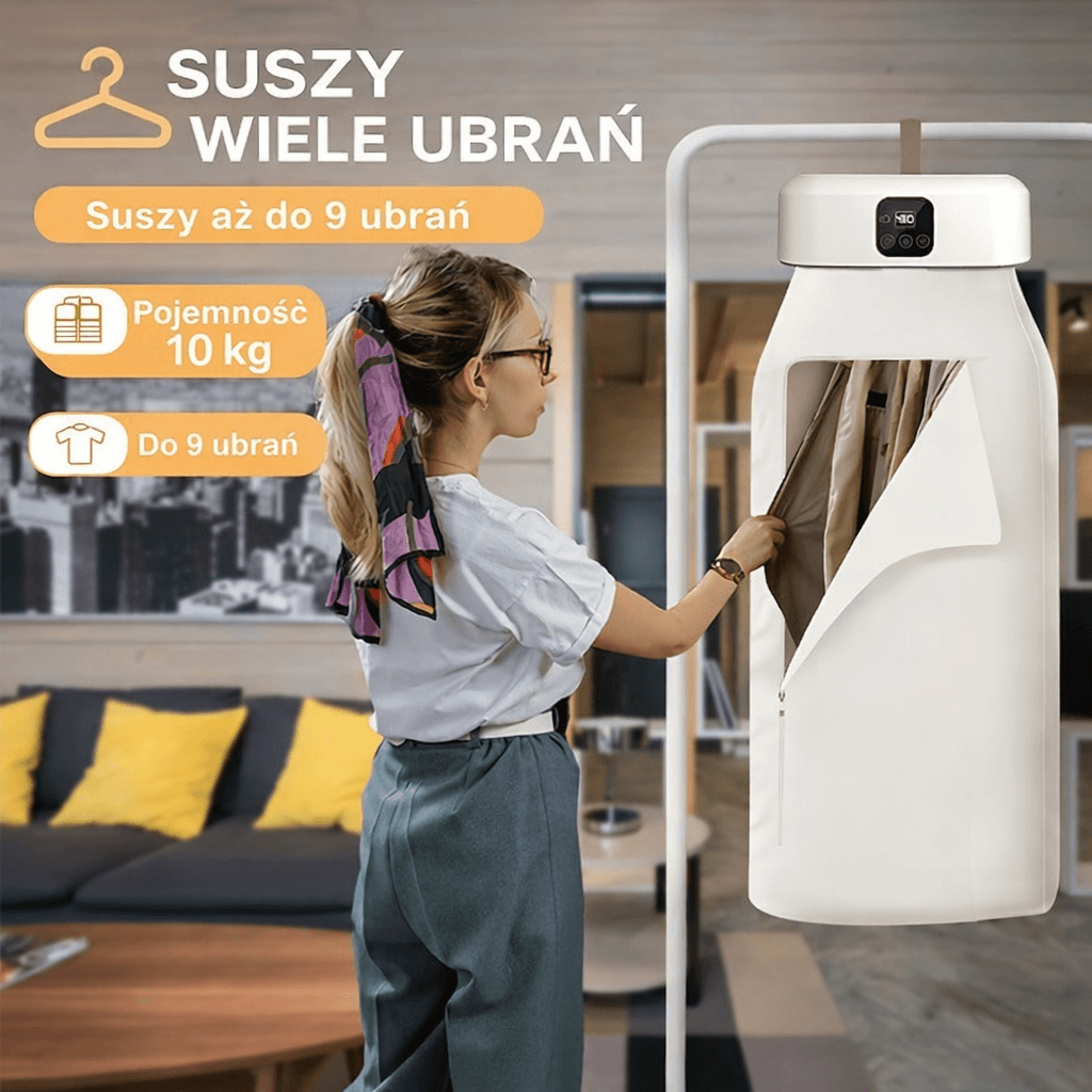 INTELIGENTNA  ELEKTRYCZNA SUSZARKA DO UBRAŃ Z TIMEREM - CICHA SUSZARKA SKŁADANA PRZENOŚNA DO DOMU.