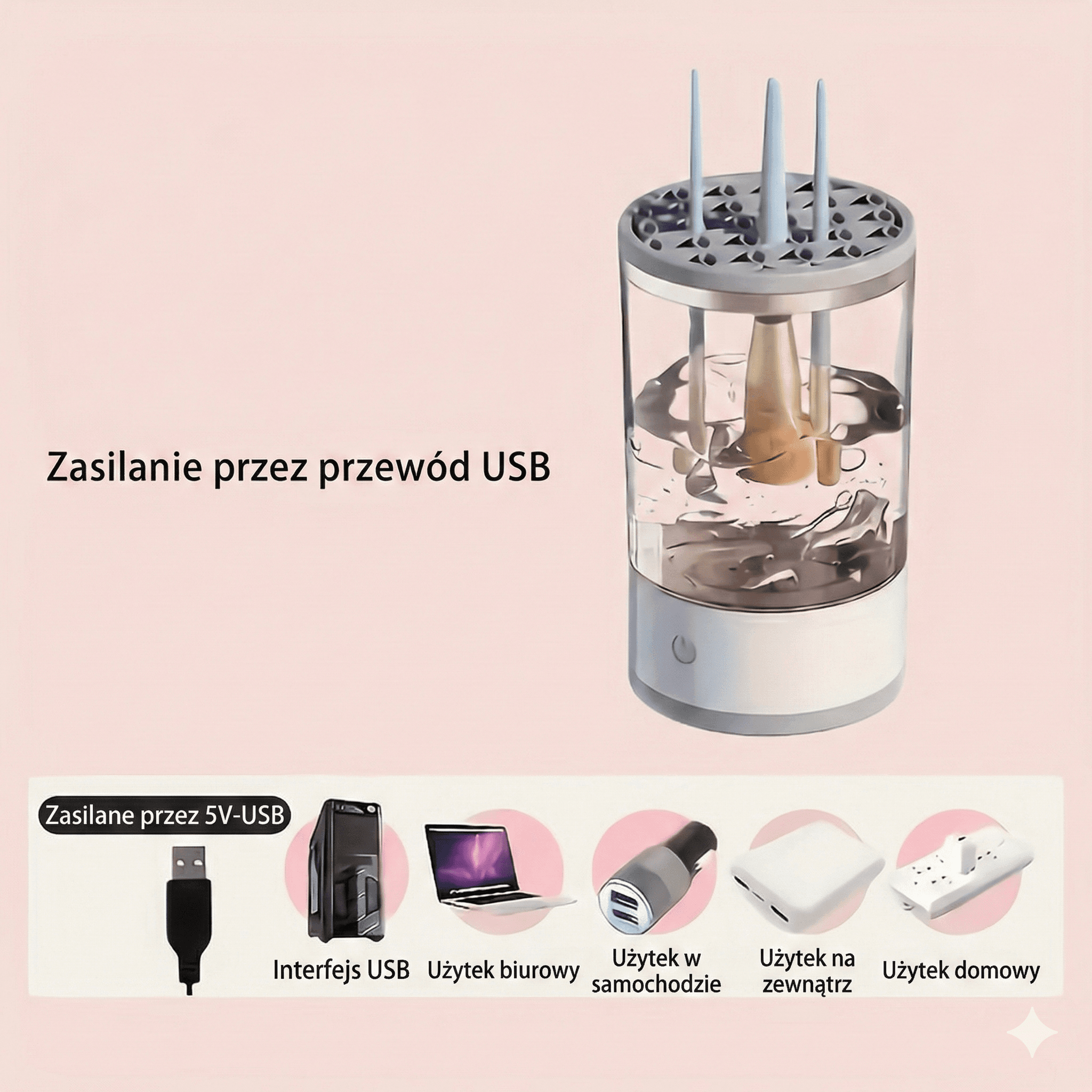 PRZENOŚNY ELEKTRYCZNY CZYŚCIK DO PĘDZLI DO MAKIJAŻU Z USB I SZYBKĄ SZCZOTECZKĄ - SYSTEM HIGIENICZNEGO CZYSZCZENIA DO PIELĘGNACJI PĘDZLI