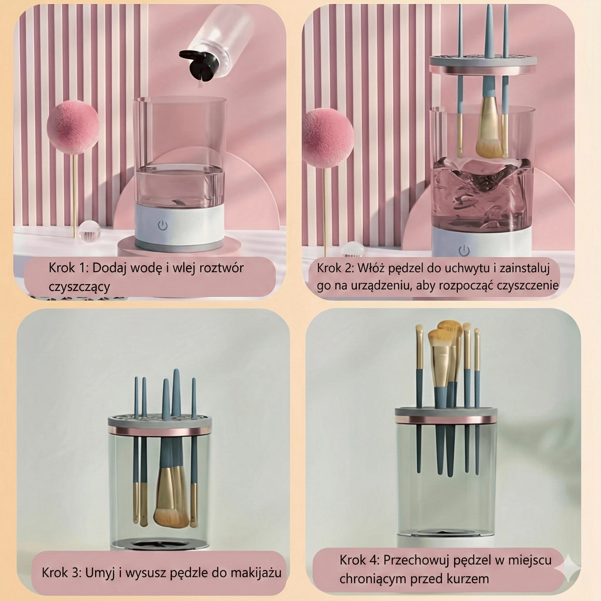 PRZENOŚNY ELEKTRYCZNY CZYŚCIK DO PĘDZLI DO MAKIJAŻU Z USB I SZYBKĄ SZCZOTECZKĄ - SYSTEM HIGIENICZNEGO CZYSZCZENIA DO PIELĘGNACJI PĘDZLI