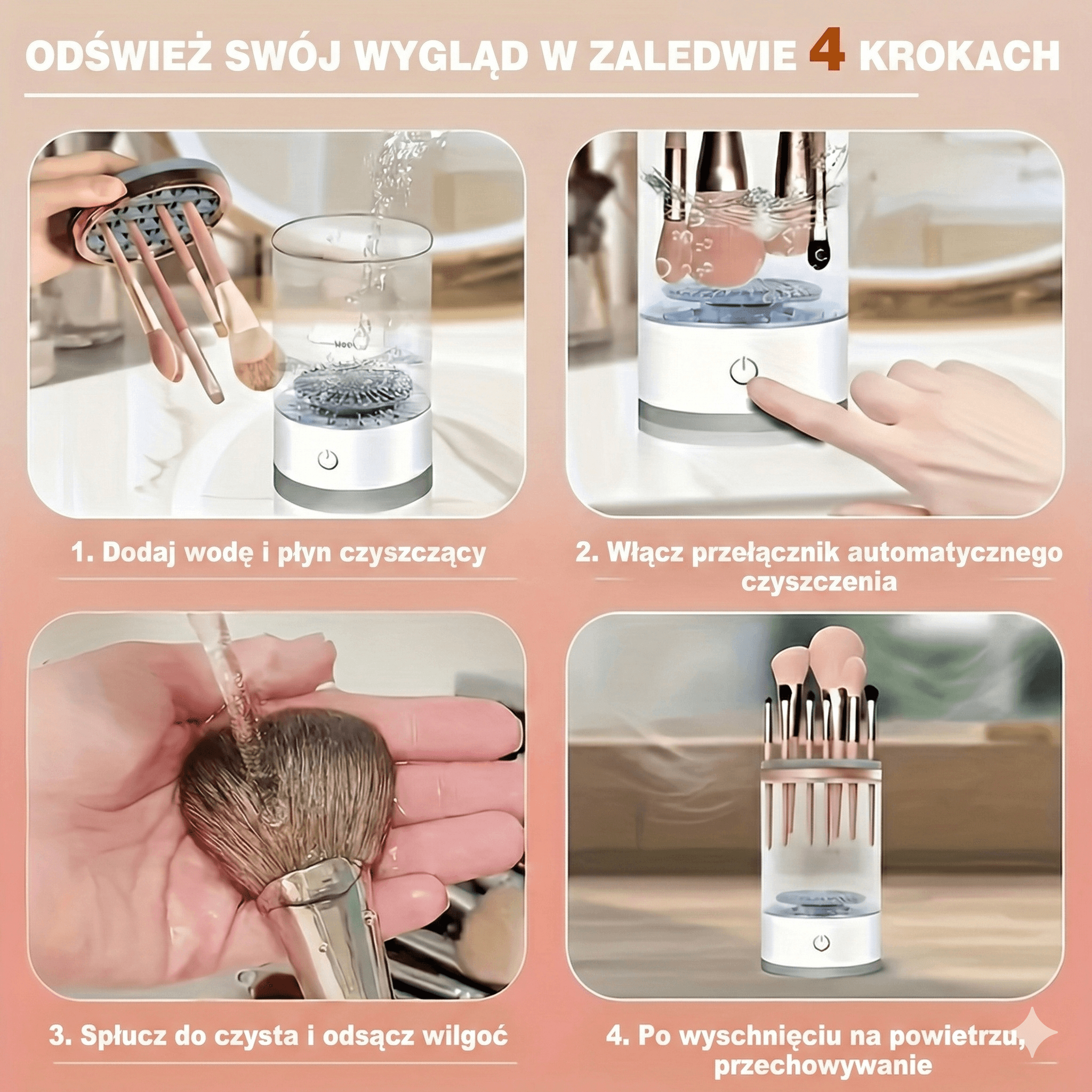 PRZENOŚNY ELEKTRYCZNY CZYŚCIK DO PĘDZLI DO MAKIJAŻU Z USB I SZYBKĄ SZCZOTECZKĄ - SYSTEM HIGIENICZNEGO CZYSZCZENIA DO PIELĘGNACJI PĘDZLI